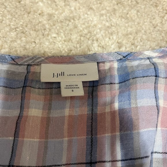 J. Jill Love Linen Dress Size Small Plaid Pink Blue Sleeveless Midi V Neck Shift - Picture 7 of 10